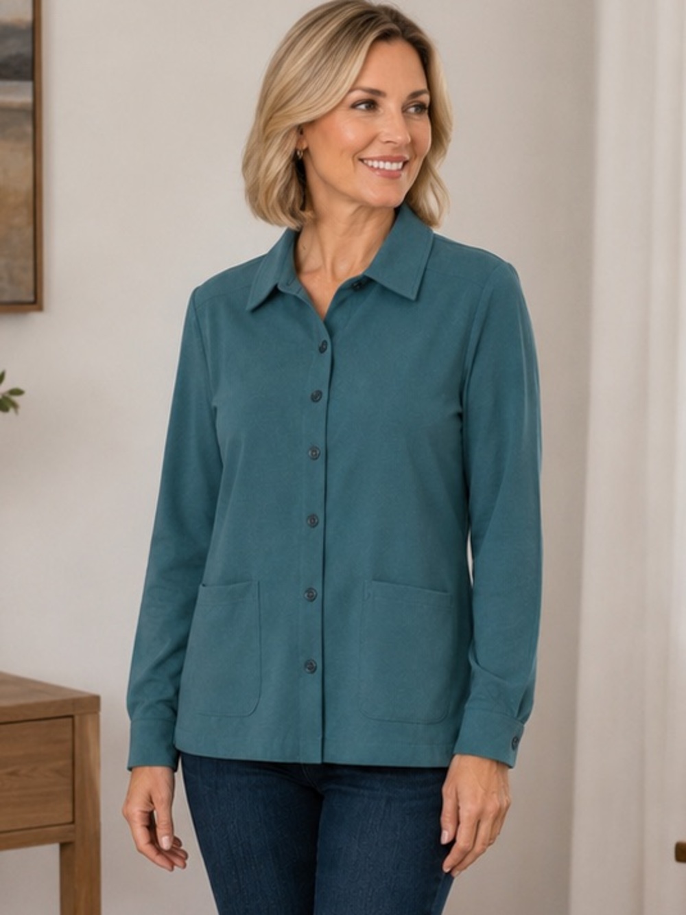Teal Button-Up Long Sleeve Shirt Jacket